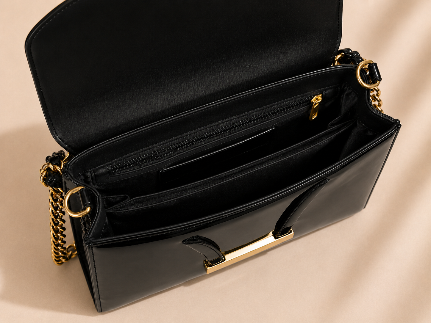 NAYARA Noir Luxe Patent Leather Chain Shoulder Bag