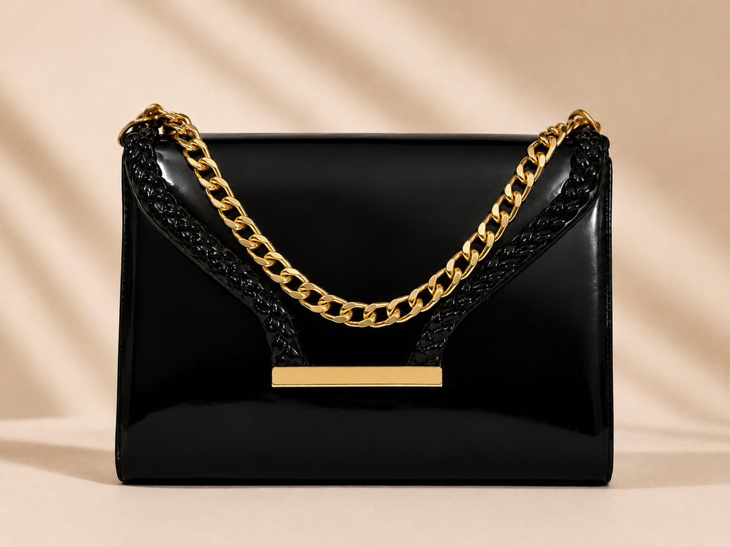 NAYARA Noir Luxe Patent Leather Chain Shoulder Bag